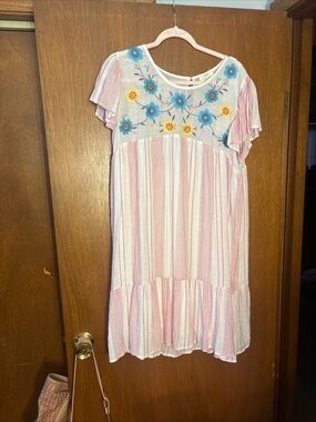 Pink Striped Midi Dress with Floral Embroidery